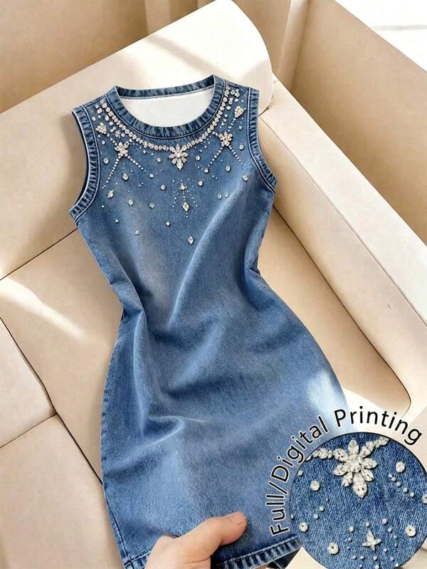 Selenza Gaun Tanpa Lengan Leher Bulat Biru Denim Imitasi Wanita, Elegan dan Berkelas, Hadiah Ulang Tahun, Kencan, Pesta, Hari Valentine, Karnaval, Pertemuan, Festival Musik, Perjalanan, Liburan, Fotografi Jalanan, Pakaian yang Menarik, Pakaian Musim Panas, Gaun Musim Panas, Koleksi Terbaru Musim Panas, Item Fashion Penting, Desain Niche, Gaya Serbaguna