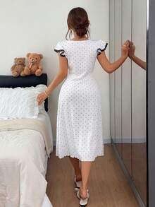 Napfluff Contrast Color Lace Trim Patchwork Knit Casual Square Neck Fitted Short Flutter Sleeve Women's Nightgown - White - View 2
