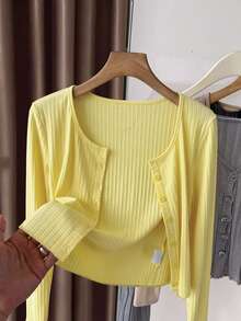 Franclia Cardigan Wanita Lengan Panjang Warna Polos Kancing Tunggal Kasual Serbaguna untuk Aktivitas Sehari-hari - Kuning - View 4