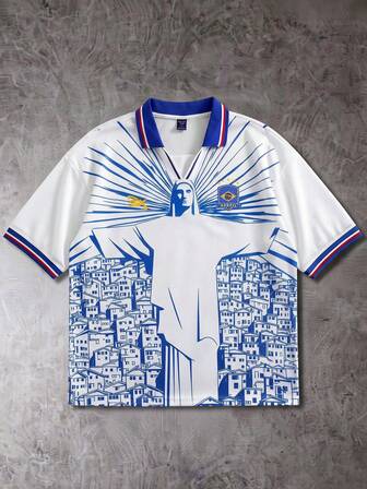 Street Life Casual Sports Jesus Graphic Print Short Sleeve Ring Neck Jersey T-Shirt, World Cup