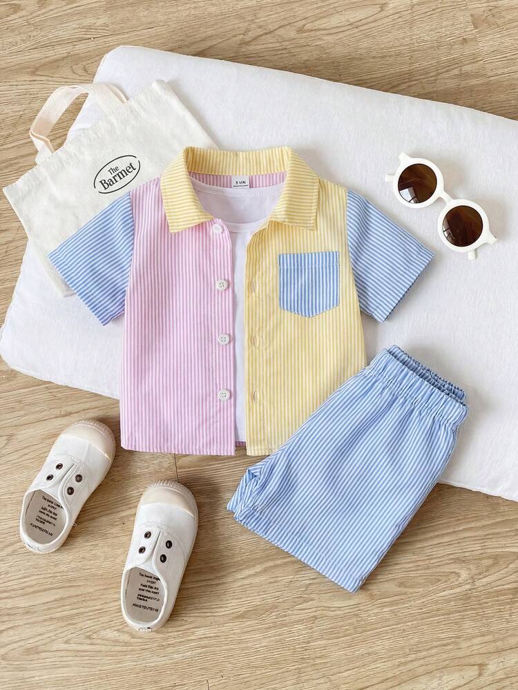 SHEIN Baby Boys' Casual Tropical Family Matching Kawaii Blue And White Striped Shirt Shorts Set Summer Clothes Vacation Autumn Fall Light Yellow - Multicolor - View 2