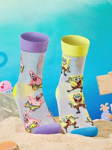 SpongeBob SquarePants | SHEIN 2雙超薄透明隱形襪，水晶絲女款中筒襪，透氣柔軟，適合春夏日常穿著 - 彩色 - 查看 9