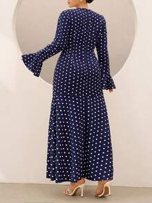 Graceveil Elegant Navy Blue High Neck Flared Sleeve Cinched Waist Mermaid Dress Office Evening Spring - Royal Blue - View 3