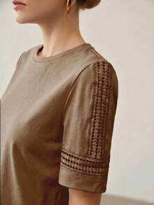 MOTF PREMIUM WOMEN SUMMER SOLID LACE INSERT SHORT SLEEVE TEE - Coffee Brown - View 7
