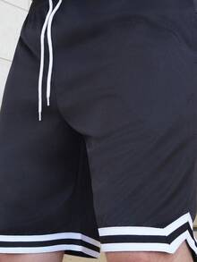 LEOGASHI Men's Street Academy Style Black And White Casual Shorts,Summer Loose-Fitting Gym Sporty Wear,High Street Color-Blocking Drawstring Design - Black - View 5