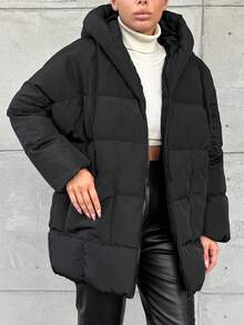 SHEIN Cottnline Abrigo acolchado con capucha de unicolor casual - Negro - Ver 3