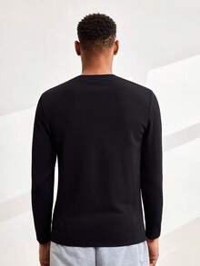 Driftmere Men's Simple Fashionable Ribbed Texture Pullover Long Sleeve Tee, For Fall - Black - View 2