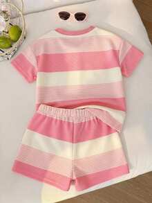 Cozy Pixies Young Girl Letter Pattern Striped Round Neck Short Sleeve Pullover Top Elastic Waist Shorts 2pcs Set - Multicolor - View 2