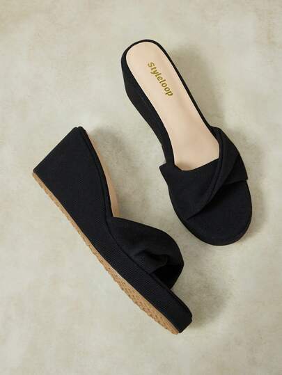 Styleloop Ladies Shoes, Linen Texture, Black, Open-Toed, Wedge Sandals, Retro Style, Suitable For Summer French Casual Vacation Wear