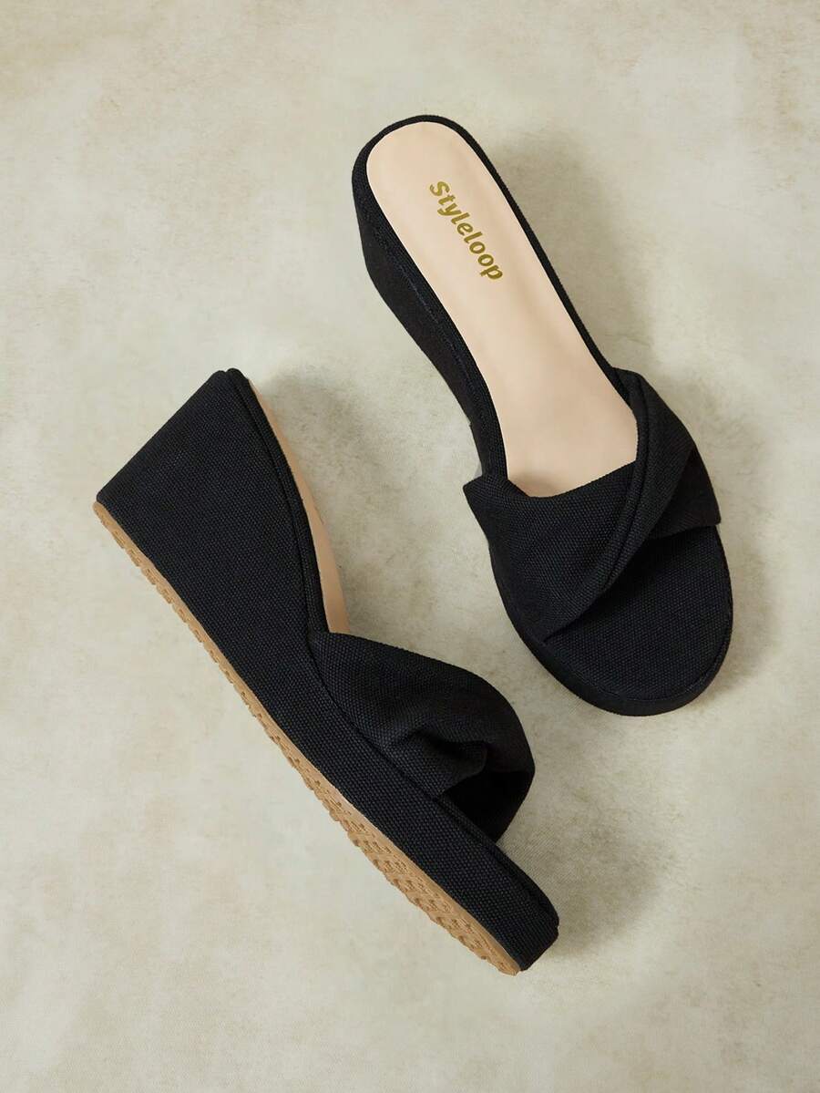 Styleloop Ladies Shoes, Linen Texture, Black, Open-Toed, Wedge Sandals, Retro Style, Suitable For Summer French Casual Vacation Wear - Black - View 1