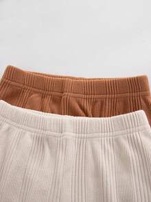 SHEIN 女嬰 0-3 歲 4 件套 春/秋季圓領蕾絲長袖柔軟羅紋布料米色與棕色上衣搭配長褲 純色針織羅紋套裝 簡約甜美可愛 適合室內與戶外活動 - 彩色 - 查看 5