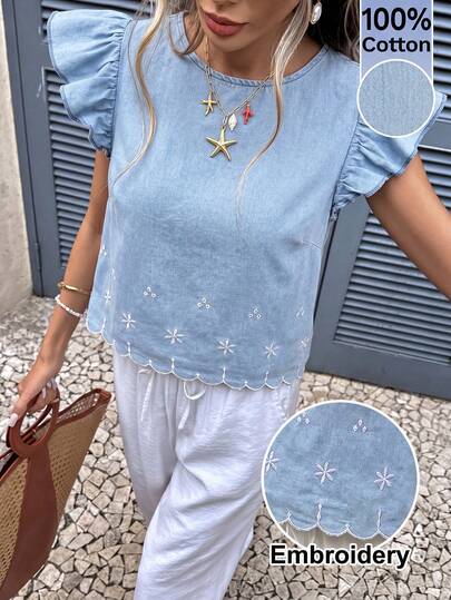 Serisse Atasan Denim Lengan Bergelombang Bordir Kasual untuk Liburan Wanita, Cocok untuk Musim Gugur, Kembali ke Sekolah, atau untuk Beraktivitas di Luar Rumah, serta Pakaian Kerja Elegan.