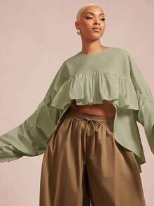 Vixey Solid Color Woven Ruched Front Short-Front Long-Back Ruffle Blouse, Elegant Party Top, Winter/Fall - Green - View 3