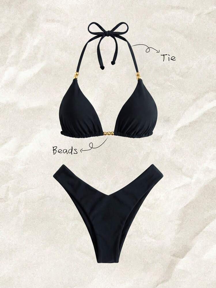 Elavelle Set Bikini Wanita Warna Polos Model Halter Neck dengan Hiasan Manik-manik, Musim Semi/Panas - Hitam - View 1