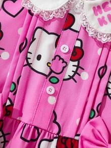HELLO KITTY AND FRIENDS | SHEIN Gaun Lengan Panjang Kerah Peter Pan Motif Kartun untuk Anak Perempuan - Berwarna merah muda - View 5