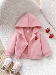 SHEIN 1件女嬰粉色純色保暖內裡加厚連帽拉鍊長袖毛絨保暖外套上衣，附草莓刺繡，休閒甜美可愛韓風外套，適合秋冬日常外出、上學、旅行、度假、派對等場合 - 粉色 - 查看 3