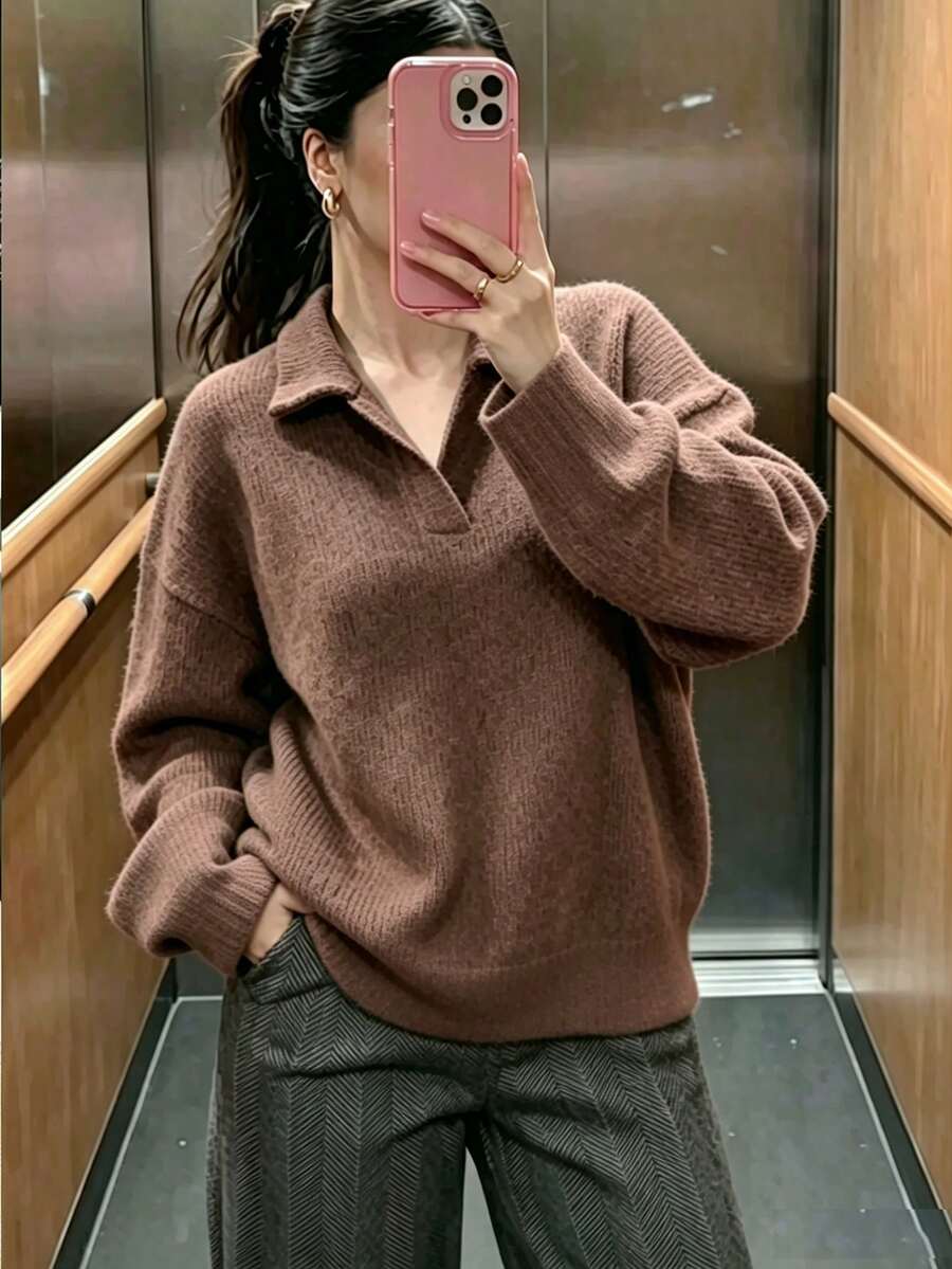 INAWLY Collared Loose Sweatshirt, Brown, Basic Style, Mature & Gentle, Outdoor Casual, Blended Faux Rabbit Fur Fleece, Indoor Daily Wear - Brown - View 1