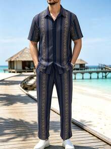 Genlund VENTUSAIL Men's Shirt Set Short-Sleeve Printed Shirt And Drawstring Trousers – Casual Vacation Style - Navy Blue - View 1