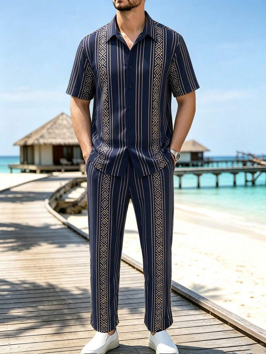 Genlund VENTUSAIL Men's Shirt Set Short-Sleeve Printed Shirt And Drawstring Trousers – Casual Vacation Style - Navy Blue - View 1