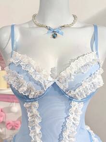 SHEIN 粉色網紗蕾絲飾邊浪漫柔美連身褲 - 淺藍色 - 查看 6
