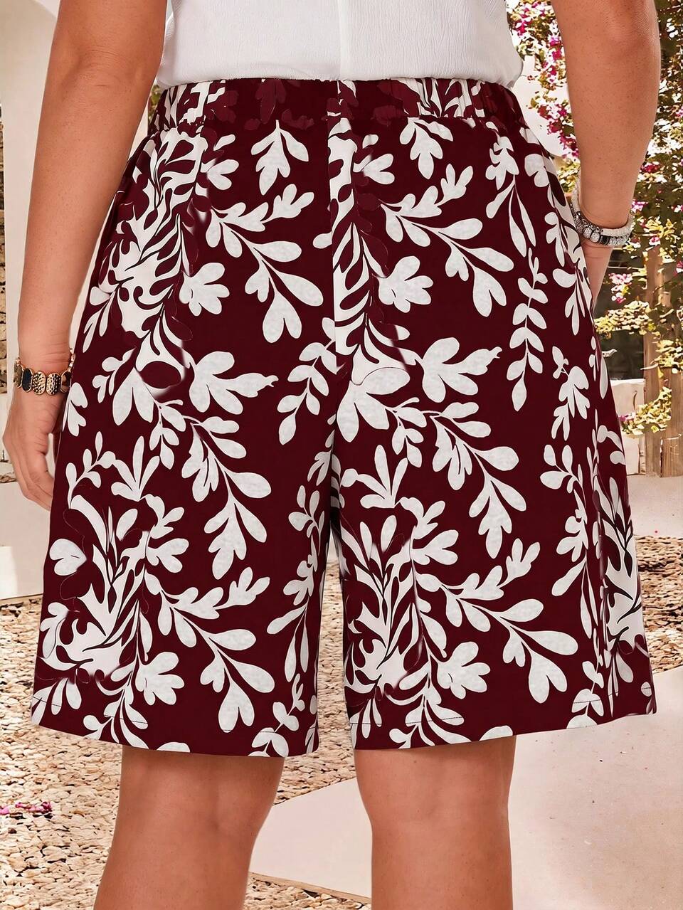 Plus Size Women's Texture Burgundy Elastic Waist Drawstring Pocketed Straight Shorts For Su Formal Office Vacation Summer Casual Traditional
