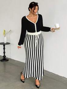 Firerie Plus Size Colorblock Striped Patchwork Knit Dress - Multicolor - View 5