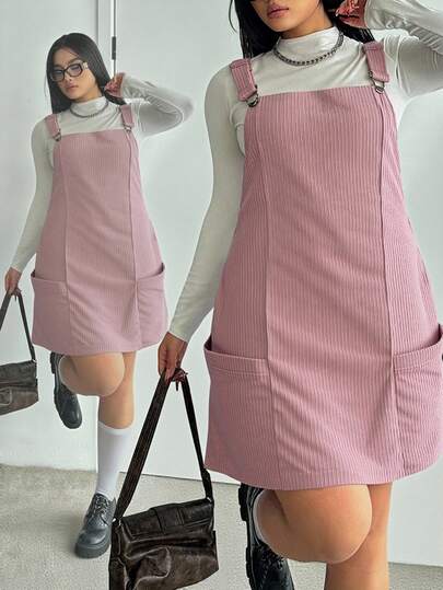POPSWAY Vestido de Peto Casual Diario de unicolor con Bolsillos para Mujer Talla Grande
