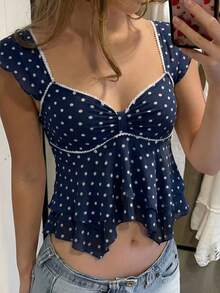 CovetEZ 女款海軍藍波點甜心領荷葉邊下擺短袖T恤，夏季上衣 - 藏蓝色 - 查看 5