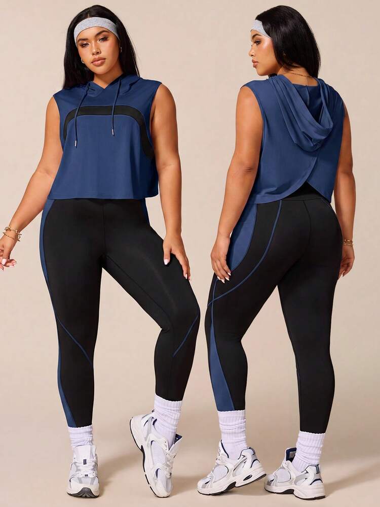 SHEIN Rhythm Era Women's Sports Yoga Outdoor Gym Workout Set, Drawstring Hooded Sleeveless Loose Sweatshirt With Curved Colorblock Chest Design, Tight Leggings With Line And Colorblock Contrast - Navy Blue - View 2