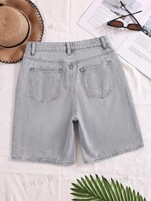 SHEIN Shorts de pierna recta de mezclilla lavada con adornos de strass para mujer - Gris Claro - Ver 2