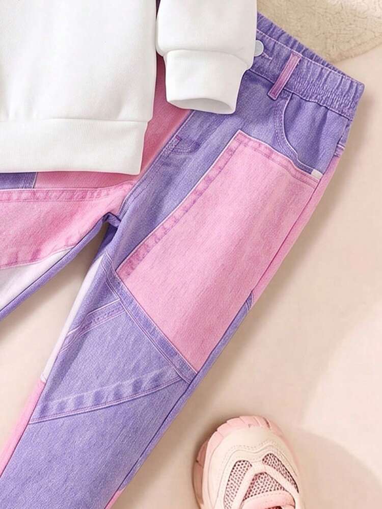 1 Set Girls Toddler Spring/Autumn Outfit, Pink & Purple Patchwork Ruffle Heart Print Crew Neck Sweatshirt + Color-Block Gradient Slim Fit Long Pants, 2-Piece Set - Multicolor - View 6