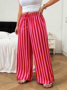 SHEIN EZwear 大尺碼休閒波西米亞風紅白配色長褲，適合度假、秋季穿著 - 彩色 - 查看 8