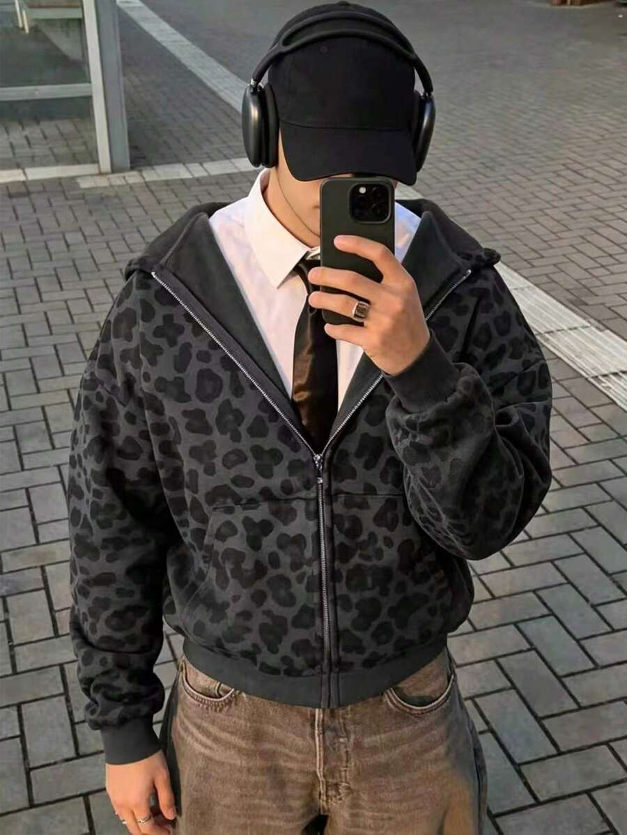 Resyla Men 男士休闲豹纹连帽卫衣，秋冬季长袖上衣