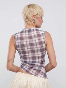 COUREZ Asymmetric Mesh Sheer Check Top Y2K 2000s Streetwear Going Out Day Time Everyday Rave Outfits Summer Grey Plaid Fall Women Back-To-School - Multicolor - View 2