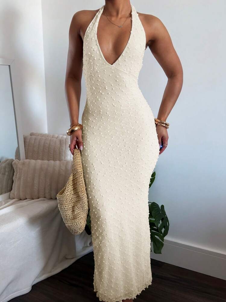 leahseptember Elegant Romantic V-Neck Sleeveless Textured Bodycon Maxi Dress, Suitable For Date Nights, Spring/Summer Party - Apricot - View 4