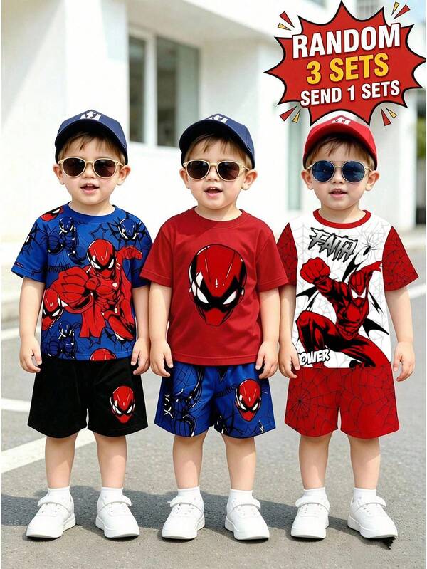 [Random 3 Sets, Send 1 Sets] Young Boy Casual Minimalist Letter Print Short Sleeve T-Shirt And Shorts Set Sets Squishy Vacation Beach Casual Cozy