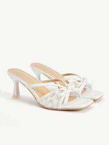 CUCCOO CHICEST French Lace Embroidered Bow Square Toe High Heel Sandals White Pedal Women's Summer Outerwear - White - View 1