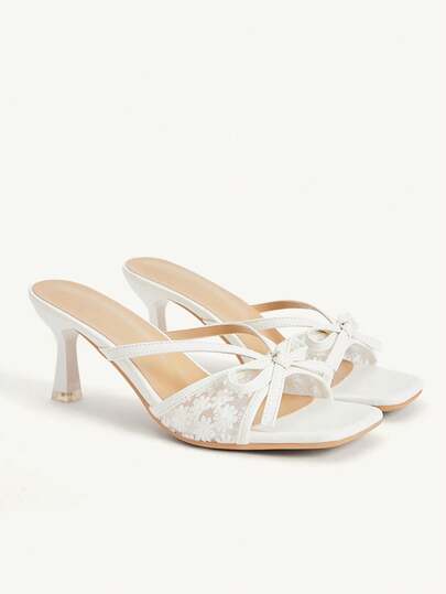 CUCCOO CHICEST French Lace Embroidered Bow Square Toe High Heel Sandals White Pedal Women's Summer Outerwear
