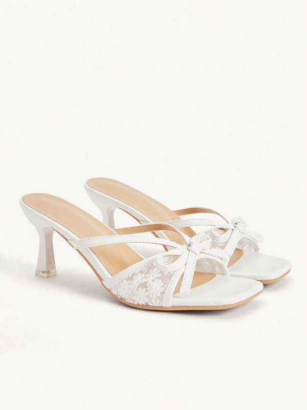 CUCCOO CHICEST French Lace Embroidered Bow Square Toe High Heel Sandals White Pedal Women's Summer Outerwear