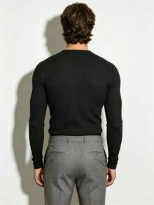TONEVAULT Men's Ribbed Solid Color Button Half-Placket Long Sleeve T-Shirt - Black - View 3