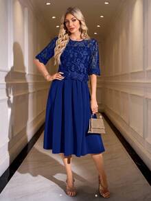 SHEIN Clasi Women's Round Neck Short Sleeve Lace Elegant Dress - Royal Blue - View 4