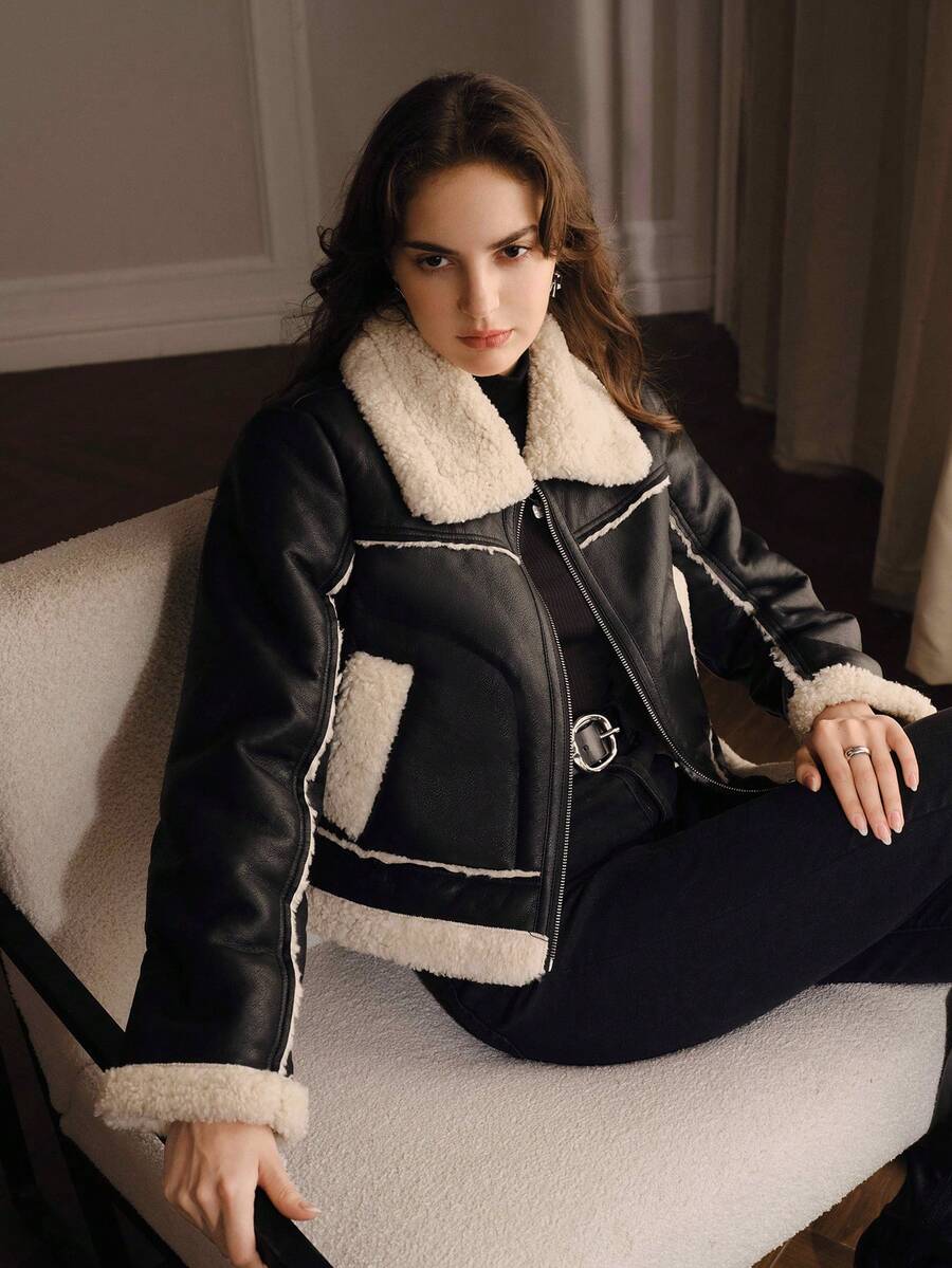 Anewsta Autumn/Winter Black Square Neck Straight Placket Leather & Fur ...