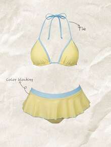 Elavelle Set Bikini Halter Warna Polos untuk Wanita, Cocok untuk Musim Semi dan Musim Panas - Kuning - View 4