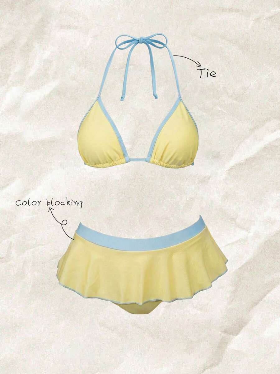 Elavelle Women's Solid Color Halter Bikini Set For Spring And Summer - Yellow - View 1