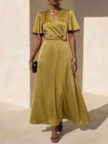 Zivah Women's Elegant Solid Color Waist-Cinching Long Dress - Mustard Yellow - View 6