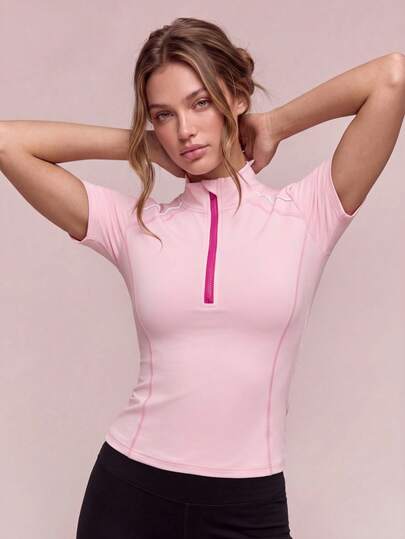 SHEIN Sovereign Charm Women's Light Pink Sexy Sporty Sweatshirt,Slim Fit Half Zip Stand Collar Contrast Tape Splice Short Sleeve Gym Summer Yoga Running Tennis Golf Top
