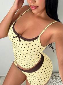 SHEIN SXY 女士蕾丝波点印花吊带背心和短裤性感内衣套装 - 黃色 - 查看 1