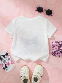 HELLO KITTY AND FRIENDS | SHEIN 女嬰圓領字母卡通印花休閒日常短袖上衣 - 白色 - 查看 2