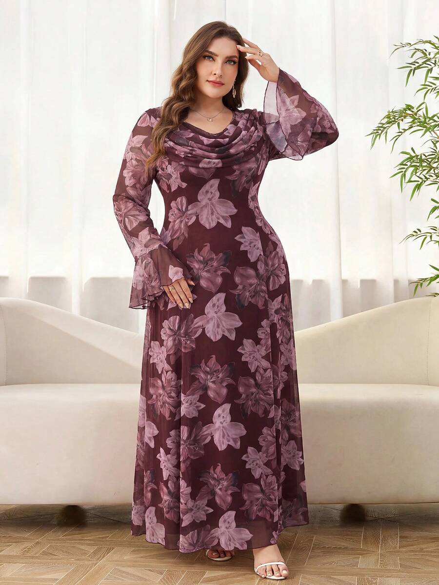 Reflora Plus Size Women's Floral Print Pleated Flare Sleeve Elegant Dress