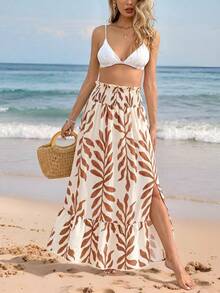 SHEIN Swim 夏季泳裝新品 度假風 優雅熱帶極簡休閒鄉村風 女款米白色葉片花卉平口抓皺開衩露肩洋裝 - 棕色 - 查看 4